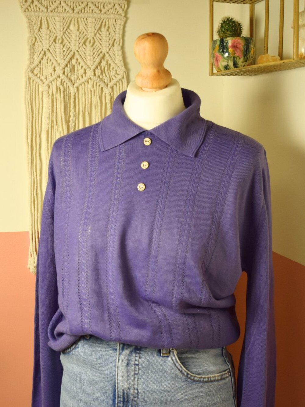 BHS Purple Pointelle Knit Collared Polo Sweater Gold Buttons Size S